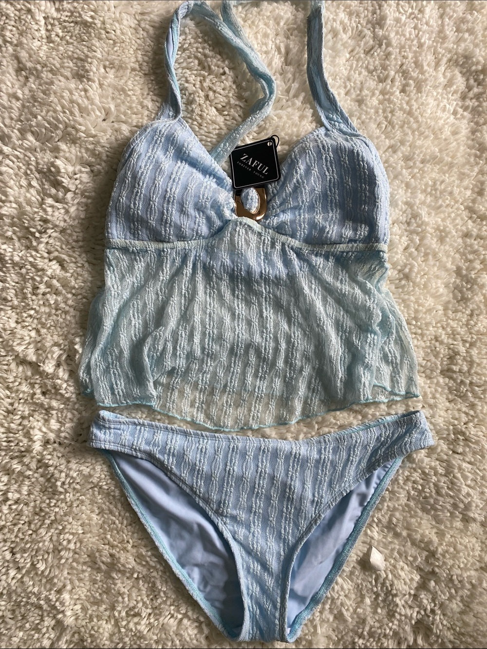 Zaful Pale Blue Sheer Halter Swim Coverup Set